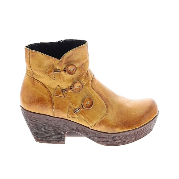 JAFA Ankle Boots Gold Button Bootie Leather Boho Wedge Chunky 39 8.5 Round Toe - Picture 1 of 16